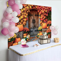 Lofaris Rustic Autumn Harvest Holiday Backdrop with Pumpkins and Fall Leaves, Wooden Door Photography Background for Seasonal Decor