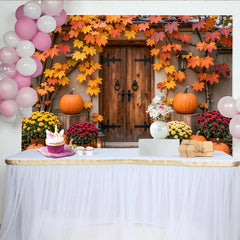Lofaris Rustic Autumn Harvest Backdrop with Wooden Door and Maple Leaves, Cozy Fall Porch Background for Thanksgiving Party Decor