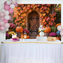 Lofaris Autumn Doorway Holiday Backdrop with Fall Leaves and Pumpkins, Cozy Harvest Photo Background for Seasonal Decor