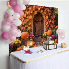 Lofaris Autumn Doorway Holiday Backdrop with Fall Leaves and Pumpkins, Cozy Harvest Photo Background for Seasonal Decor