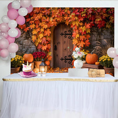 Lofaris Vibrant Autumn Leaves and Pumpkins Holiday Backdrop with Rustic Door, Cozy Fall Harvest Photography Background for Thanksgiving Decor