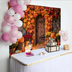Lofaris Vibrant Autumn Leaves and Pumpkins Holiday Backdrop with Rustic Door, Cozy Fall Harvest Photography Background for Thanksgiving Decor