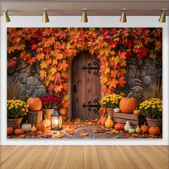 Lofaris Vibrant Autumn Leaves and Pumpkins Holiday Backdrop with Rustic Door, Cozy Fall Harvest Photography Background for Thanksgiving Decor