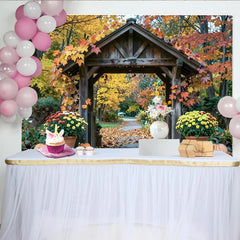 Lofaris Rustic Wooden Archway Autumn Photography Backdrop, Colorful Fall Leaves and Pumpkins Decor for Studio Photoshoot