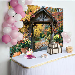 Lofaris Rustic Wooden Archway Autumn Photography Backdrop, Colorful Fall Leaves and Pumpkins Decor for Studio Photoshoot