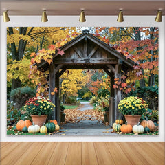 Lofaris Rustic Wooden Archway Autumn Photography Backdrop, Colorful Fall Leaves and Pumpkins Decor for Studio Photoshoot