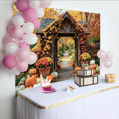 Lofaris Fall Harvest Archway Backdrop with Pumpkins and Leaves, Rustic Wooden Gate Photography Background for Thanksgiving Party