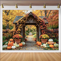 Lofaris Fall Harvest Archway Backdrop with Pumpkins and Leaves, Rustic Wooden Gate Photography Background for Thanksgiving Party