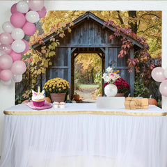 Lofaris Rustic Wooden Archway Fall Pumpkin Holiday Backdrop, Colorful Autumn Leaves and Mums Photography Background