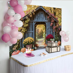 Lofaris Rustic Wooden Archway Fall Pumpkin Holiday Backdrop, Colorful Autumn Leaves and Mums Photography Background