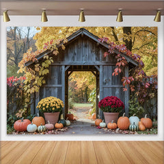 Lofaris Rustic Wooden Archway Fall Pumpkin Holiday Backdrop, Colorful Autumn Leaves and Mums Photography Background