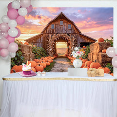 Lofaris Rustic Wooden Barn Autumn Harvest Backdrop with Pumpkins and Hay Bales, Sunset Farm Photography Background for Fall Decor