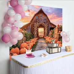 Lofaris Rustic Wooden Barn Autumn Harvest Backdrop with Pumpkins and Hay Bales, Sunset Farm Photography Background for Fall Decor