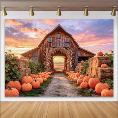 Lofaris Rustic Wooden Barn Autumn Harvest Backdrop with Pumpkins and Hay Bales, Sunset Farm Photography Background for Fall Decor