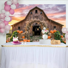 Lofaris Rustic Wooden Barn Autumn Harvest Backdrop with Pumpkins and Corn Stalk Arch, Vibrant Sunset Background for Fall Party Decor