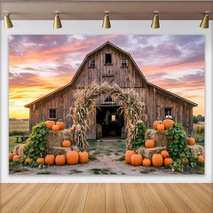 Lofaris Rustic Wooden Barn Autumn Harvest Backdrop with Pumpkins and Corn Stalk Arch, Vibrant Sunset Background for Fall Party Decor