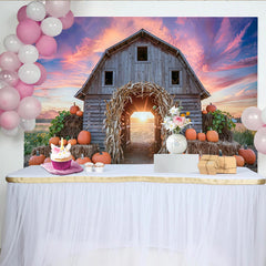 Lofaris Rustic Barn Autumn Harvest Backdrop with Pumpkins and Corn Arch, Vibrant Sunset Sky Photography Background for Fall Decor
