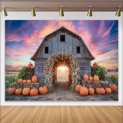 Lofaris Rustic Barn Autumn Harvest Backdrop with Pumpkins and Corn Arch, Vibrant Sunset Sky Photography Background for Fall Decor