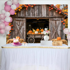 Lofaris Rustic Autumn Barn Photography Backdrop with Pumpkins, Fall Harvest Photo Booth Background for Studio