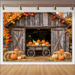 Lofaris Rustic Autumn Barn Photography Backdrop with Pumpkins, Fall Harvest Photo Booth Background for Studio