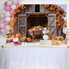 Lofaris Rustic Wooden Barn Autumn Harvest Holiday Backdrop with Pumpkins and Hay Bales, Farmhouse Photography Background for Fall Decor