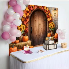 Lofaris Rustic Autumn Thanksgiving Backdrop with Pumpkins and Maple Leaves, Wooden Door Fall Harvest Photography Background Decor