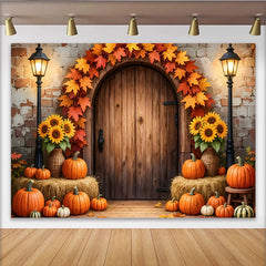 Lofaris Rustic Autumn Thanksgiving Backdrop with Pumpkins and Maple Leaves, Wooden Door Fall Harvest Photography Background Decor