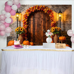 Lofaris Rustic Autumn Harvest Backdrop with Pumpkins, Sunflowers and Fall Leaves, Vintage Wooden Door Photography Background