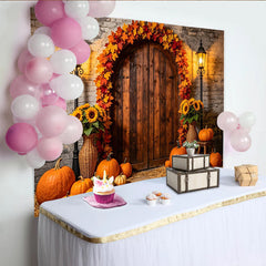 Lofaris Rustic Autumn Harvest Backdrop with Pumpkins, Sunflowers and Fall Leaves, Vintage Wooden Door Photography Background