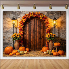 Lofaris Rustic Autumn Harvest Backdrop with Pumpkins, Sunflowers and Fall Leaves, Vintage Wooden Door Photography Background
