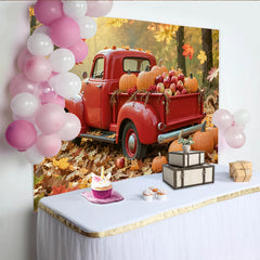 Lofaris Red Truck Autumn Harvest Holiday Backdrop with Pumpkins and Falling Leaves, Rustic Fall Festival for Thanksgiving Party Decor