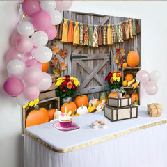 Lofaris Rustic Autumn Harvest Holiday Backdrop with Pumpkins and Fall Leaves, Wooden Barn Door Background for Thanksgiving Party Decor