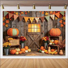 Lofaris Rustic Barn Door Thanksgiving Backdrop with Pumpkins and Fall Leaves, Cozy Harvest Photo Background for Autumn Party Decor
