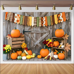 Lofaris Rustic Wood Thanksgiving Backdrop with Pumpkins and Leaves, Autumn Harvest Photography Background for Seasonal Decor