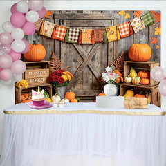 Lofaris Rustic Wood Thanksgiving Backdrop with Pumpkins and Fall Leaves, Thankful Grateful Blessed Harvest Photo Background