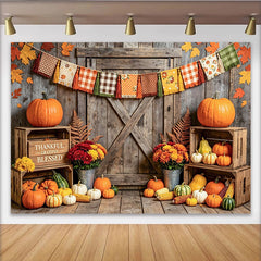 Lofaris Rustic Wood Thanksgiving Backdrop with Pumpkins and Fall Leaves, Thankful Grateful Blessed Harvest Photo Background