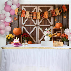 Lofaris Rustic Autumn Harvest Holiday Backdrop with Pumpkins and Barn Door, Fall Festival Photography Background Decor