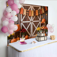 Lofaris Rustic Autumn Harvest Holiday Backdrop with Pumpkins and Barn Door, Fall Festival Photography Background Decor