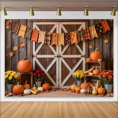 Lofaris Rustic Autumn Harvest Holiday Backdrop with Pumpkins and Barn Door, Fall Festival Photography Background Decor