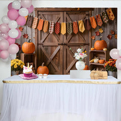 Lofaris Rustic Wooden Barn Door Autumn Backdrop with Pumpkins, Fall Leaves and Garland, Harvest Photography Background for Thanksgiving Decor