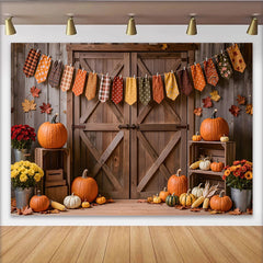 Lofaris Rustic Wooden Barn Door Autumn Backdrop with Pumpkins, Fall Leaves and Garland, Harvest Photography Background for Thanksgiving Decor
