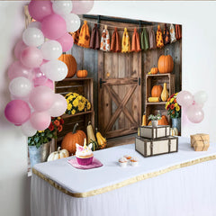 Lofaris Rustic Wooden Barn Door Autumn Harvest Photography Backdrop with Pumpkins and Fall Leaves, Thanksgiving Seasonal Decor