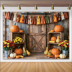 Lofaris Rustic Wooden Barn Door Autumn Harvest Photography Backdrop with Pumpkins and Fall Leaves, Thanksgiving Seasonal Decor