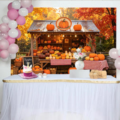 Lofaris Rustic Autumn Pumpkin Patch Backdrop with Fall Leaves and Shop, Vibrant Harvest Background for Thanksgiving or Halloween Party