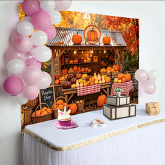 Lofaris Rustic Autumn Pumpkin Patch Backdrop with Fall Leaves and Shop, Vibrant Harvest Background for Thanksgiving or Halloween Party