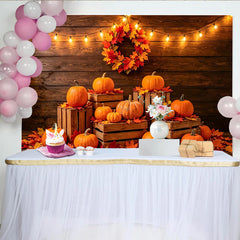 Lofaris Rustic Wood Autumn Harvest Backdrop with Pumpkins and Fall Leaves, Cozy String Lights Photography Background for Fall Party