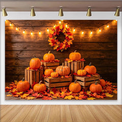 Lofaris Rustic Wood Autumn Harvest Backdrop with Pumpkins and Fall Leaves, Cozy String Lights Photography Background for Fall Party