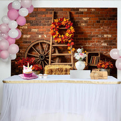 Lofaris Autumn Rustic Photography Backdrop with Brick Wall and Fall Leaves, Vintage Farmhouse Studio Background for Seasonal Photoshoot