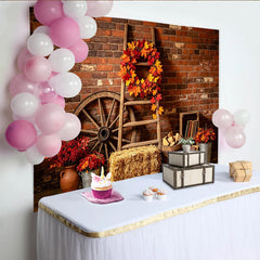 Lofaris Autumn Rustic Photography Backdrop with Brick Wall and Fall Leaves, Vintage Farmhouse Studio Background for Seasonal Photoshoot