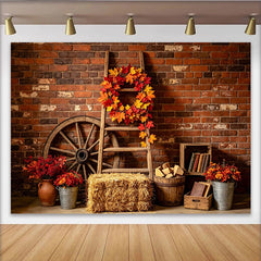 Lofaris Autumn Rustic Photography Backdrop with Brick Wall and Fall Leaves, Vintage Farmhouse Studio Background for Seasonal Photoshoot